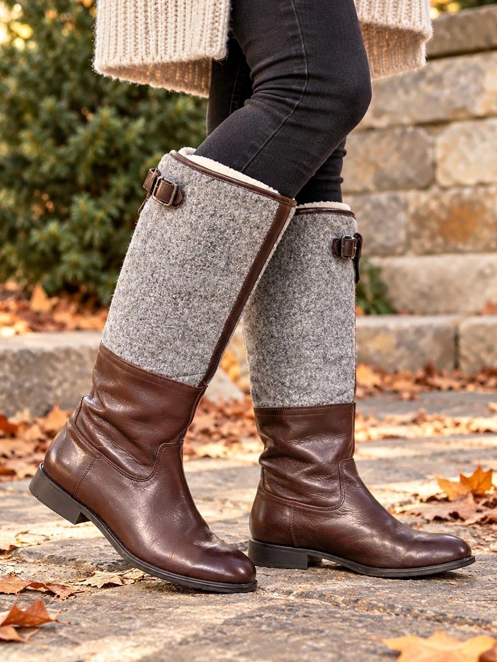 Rockport K58850 Brown Leather Gray Felt Knee High Riding Boots Size 8.5